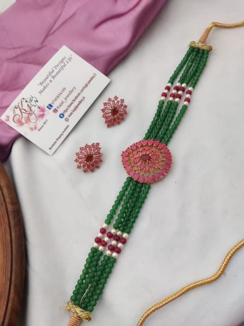 Green choker with beads pink high necklace